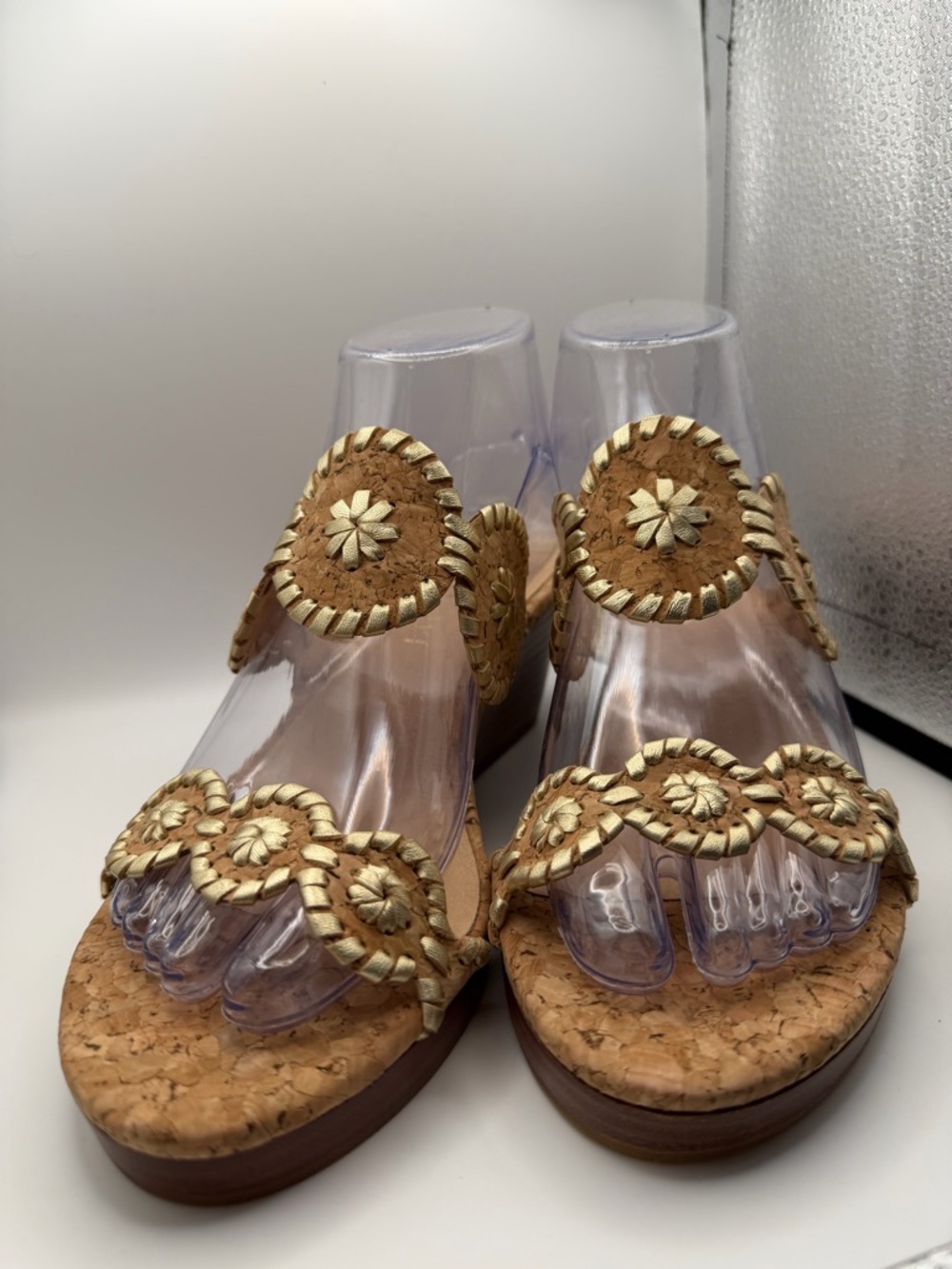 Jack Rogers Woven Metallic Trim Cork Wedge Sandals - Tan Gold 8M new